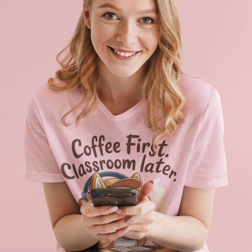Person wearing a pink t-shirt with 'Coffee First, Classroom later.' text on a pink background