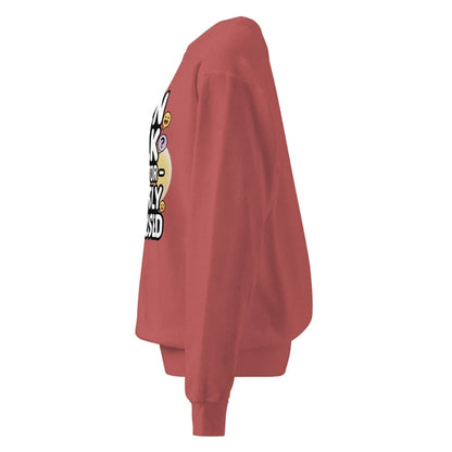 Red sweatshirt with a graphic design on the back against a white background