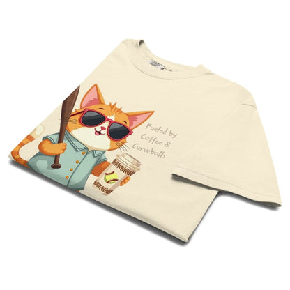 Cool cat with sunglasses holding a softball bat and coffee cup, beside text “Fueled by Coffee & Curveballs” – printed on soft heavyweight t-shirt for sporty moms