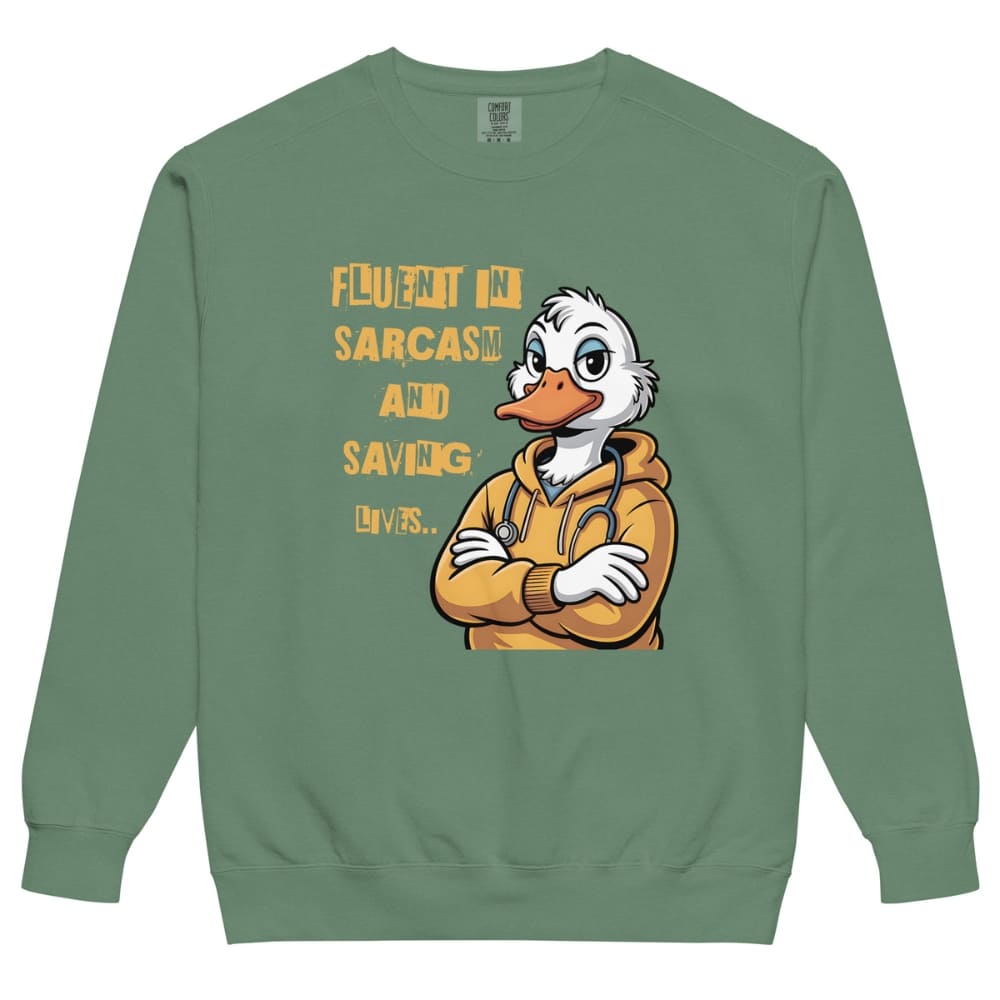 Green sweatshirt with cartoon duck character and text on a white background