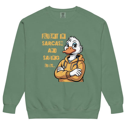 Green sweatshirt with cartoon duck character and text on a white background