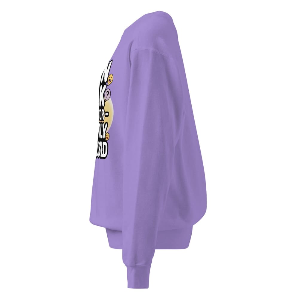 Purple sweatshirt with a graphic design on the back against a white background