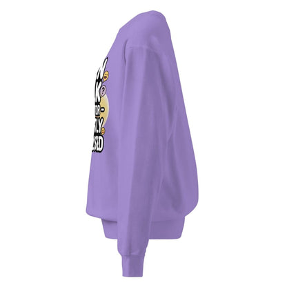 Purple sweatshirt with a graphic design on the back against a white background