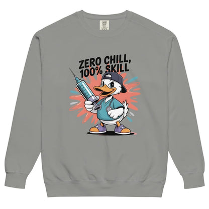 Gray sweatshirt with cartoon duck holding a syringe and text 'Zero Chill, 100% Skill' on a white background