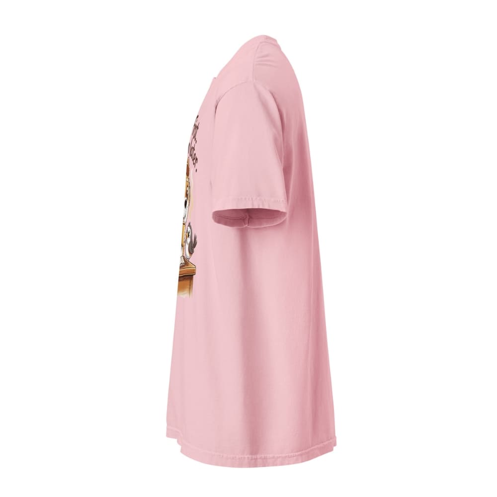 Pink t-shirt with a graphic design on a white background