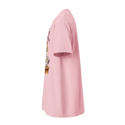 Pink t-shirt with a graphic design on a white background