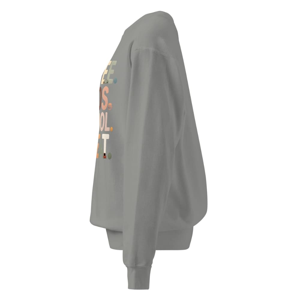 Gray sweatshirt with colorful text on the back against a white background