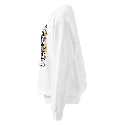 White sweatshirt with a graphic design on the sleeve against a white background