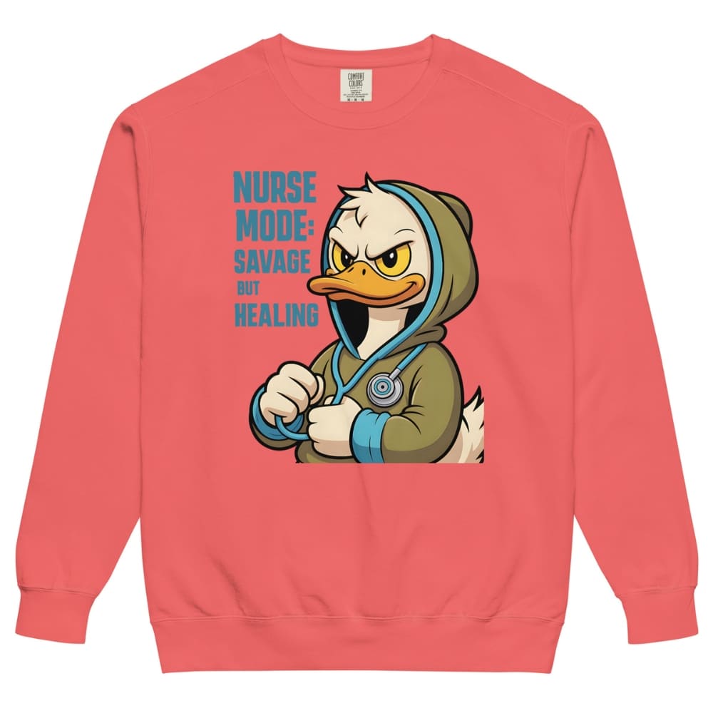 Coral sweatshirt with cartoon duck character and text on a white background