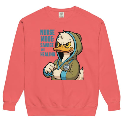 Coral sweatshirt with cartoon duck character and text on a white background