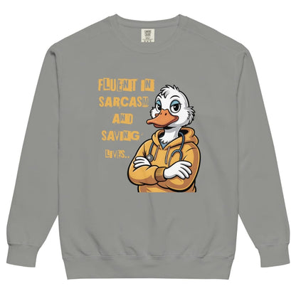Gray sweatshirt with cartoon duck character and text on a white background