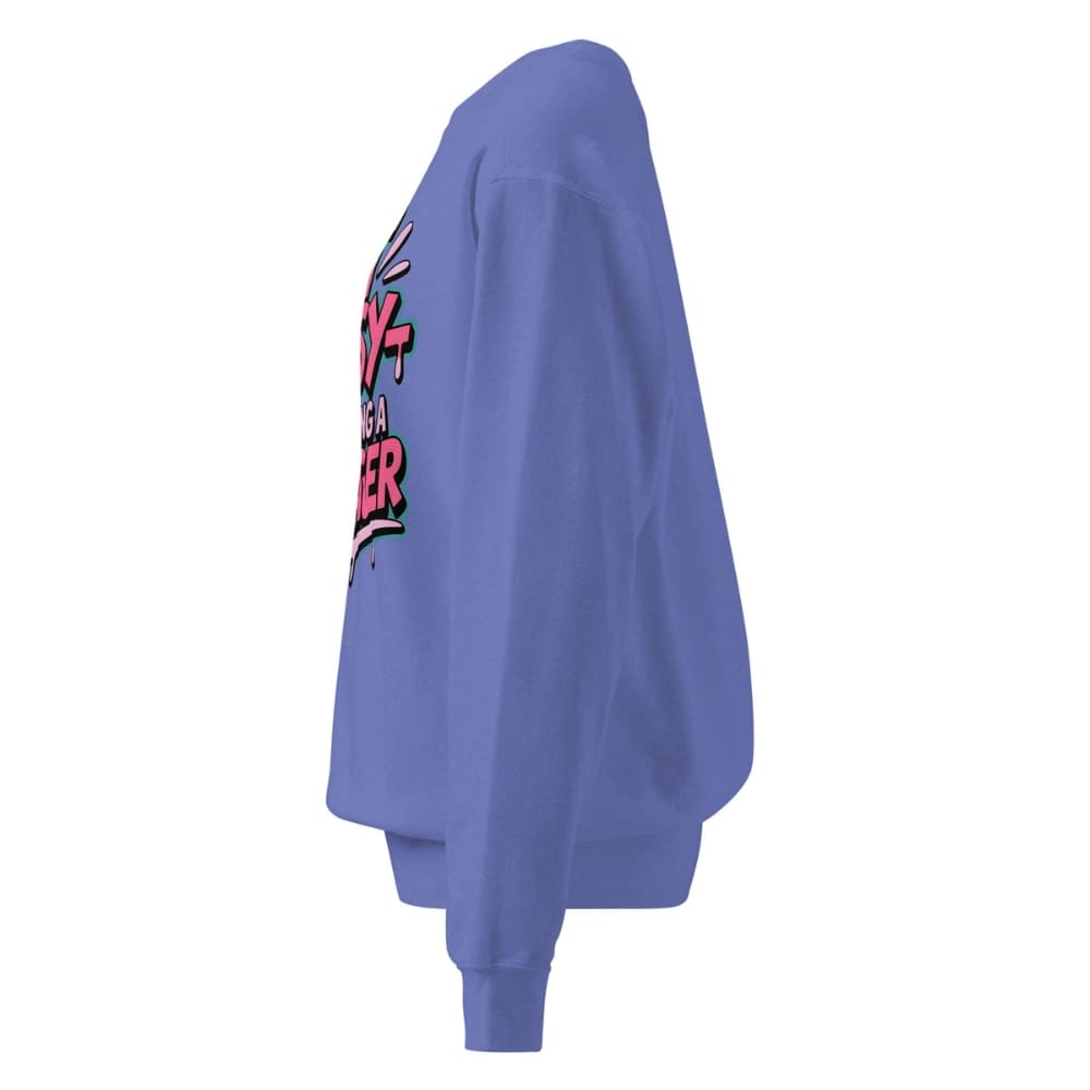 Blue sweatshirt with colorful graphic on a white background