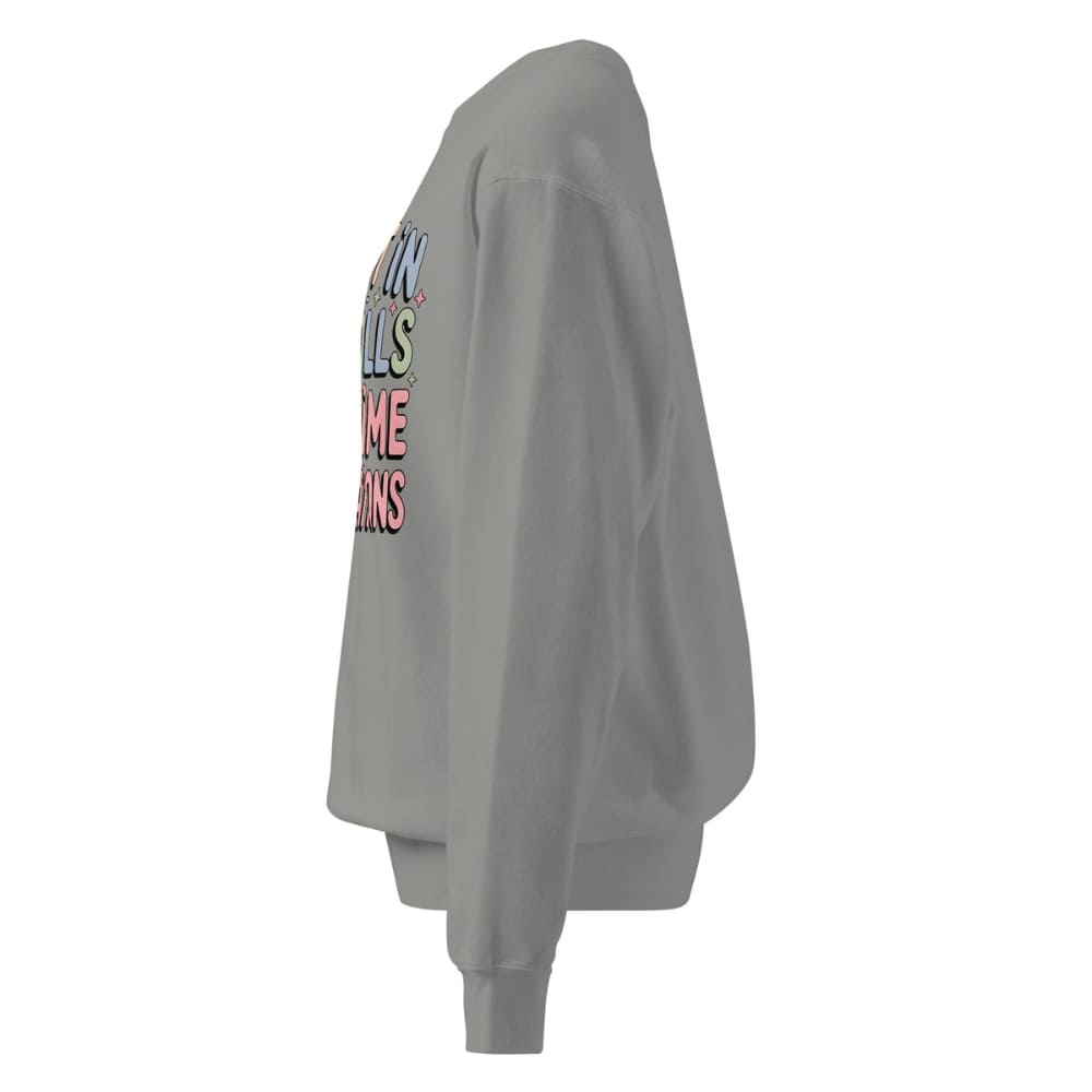 Gray sweatshirt with colorful text on the back against a white background