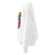 White sweatshirt with colorful text design on a white background