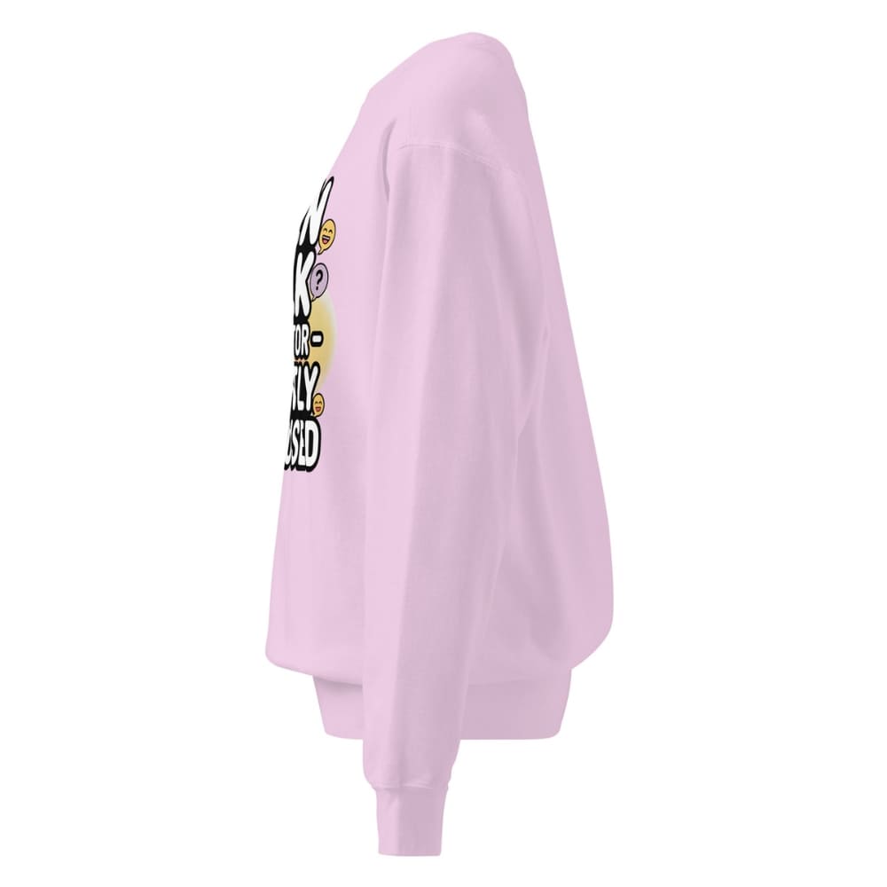 Light purple sweatshirt with a graphic design on the sleeve against a white background