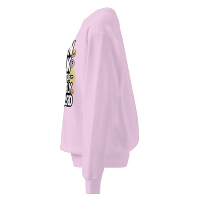 Light purple sweatshirt with a graphic design on the sleeve against a white background