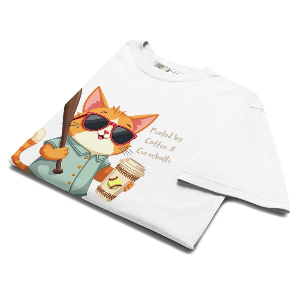 Cool cat with sunglasses holding a softball bat and coffee cup, beside text “Fueled by Coffee & Curveballs” – printed on soft heavyweight t-shirt for sporty moms