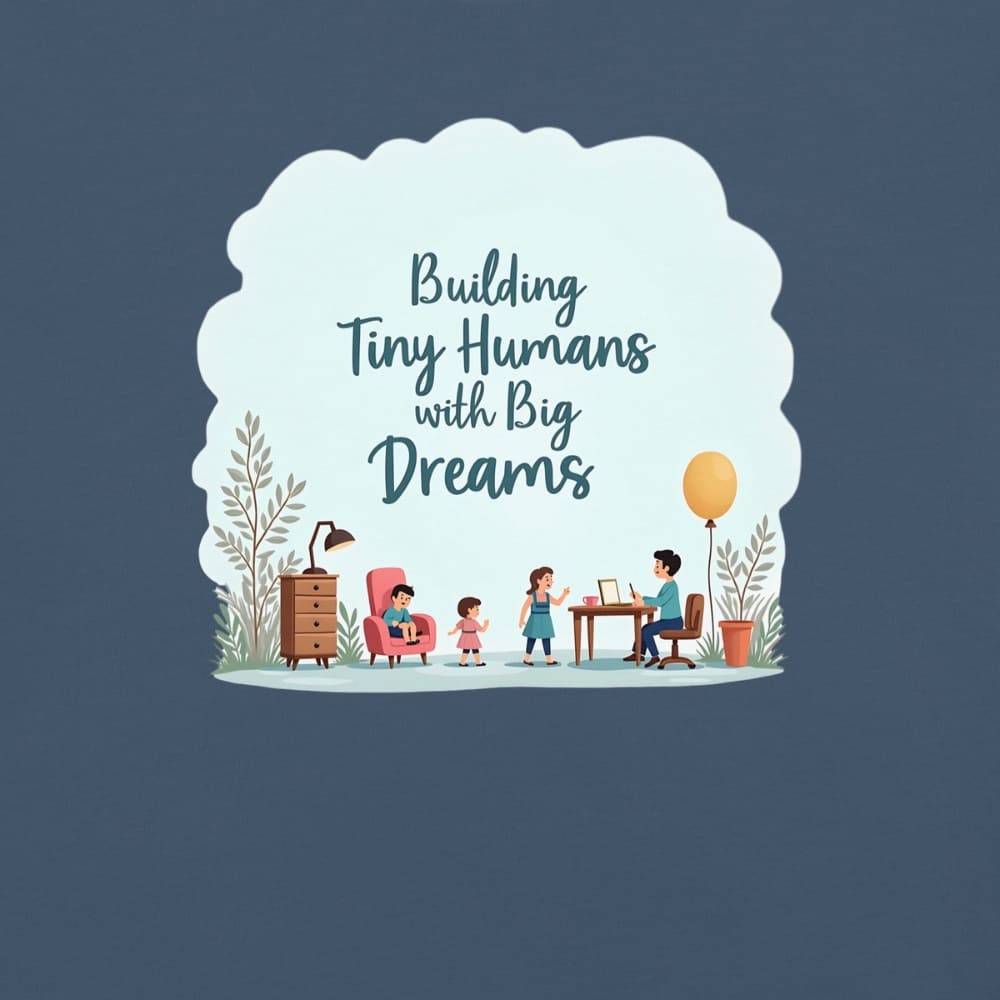 Illustrated t-shirt design with the quote "Building Tiny Humans with Big Dreams" surrounded by a family parenting scene