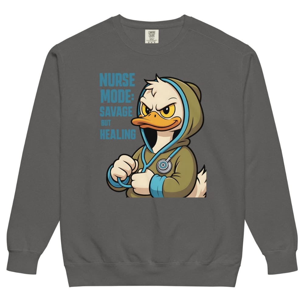 Gray sweatshirt with a cartoon duck character and text on a white background