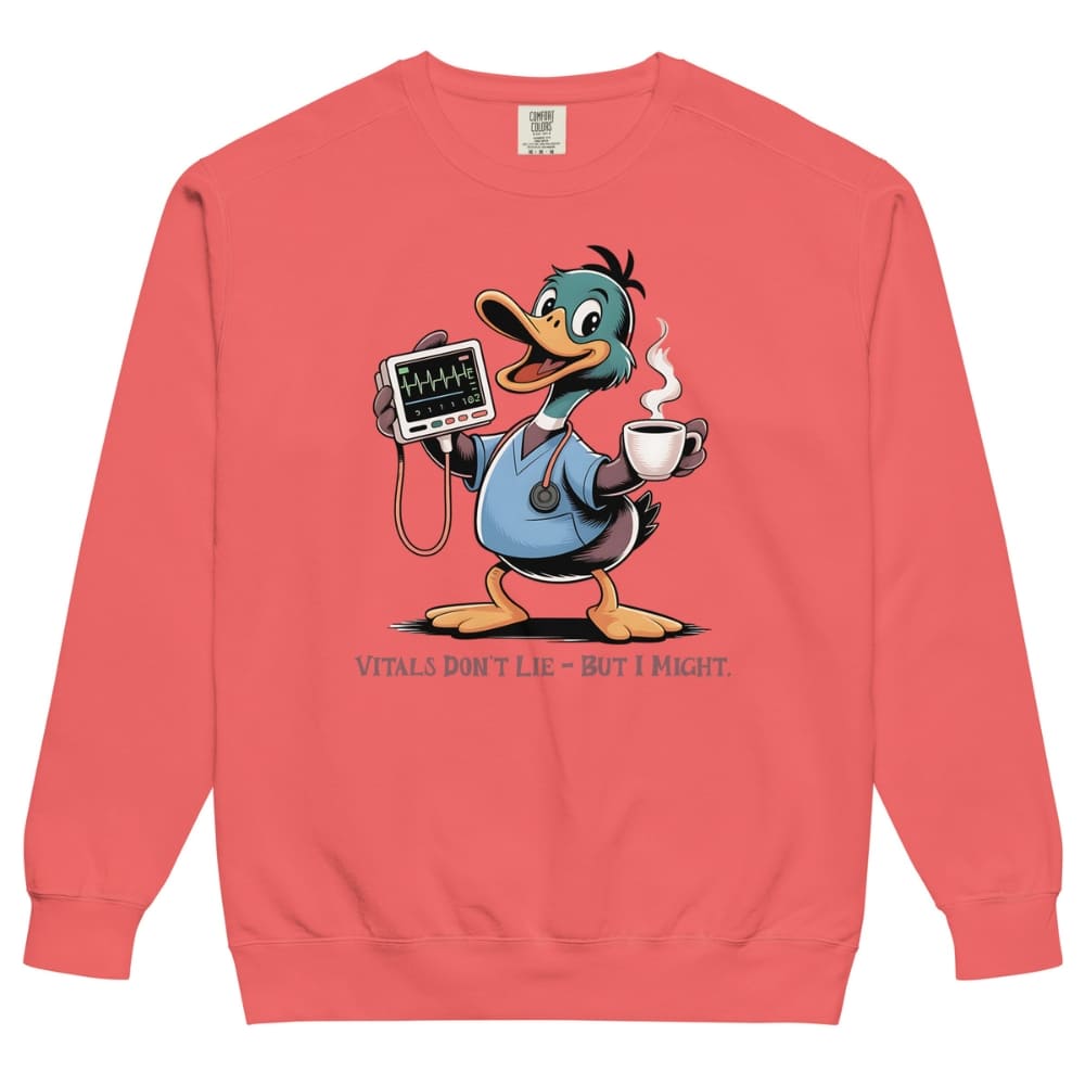 Red sweatshirt with cartoon duck holding a stethoscope and coffee cup on a white background