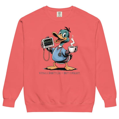 Red sweatshirt with cartoon duck holding a stethoscope and coffee cup on a white background