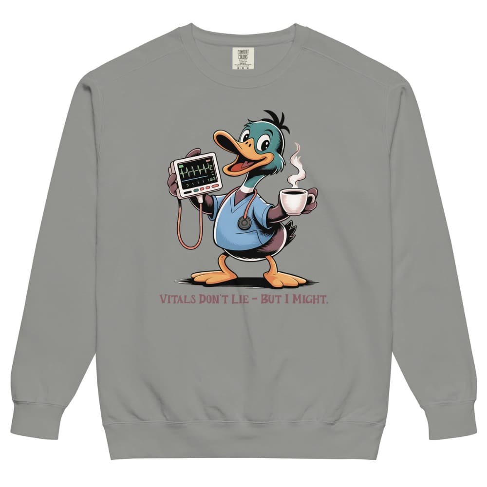 Gray sweatshirt with a cartoon duck holding a stethoscope and coffee cup on a white background