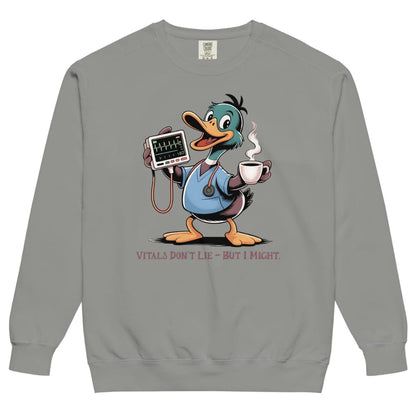 Gray sweatshirt with a cartoon duck holding a stethoscope and coffee cup on a white background