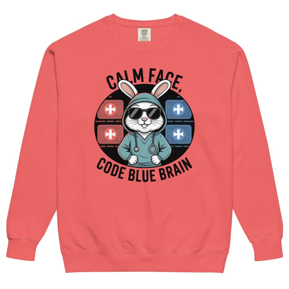 Coral sweatshirt with a graphic of a rabbit in a medical outfit and text on a white background
