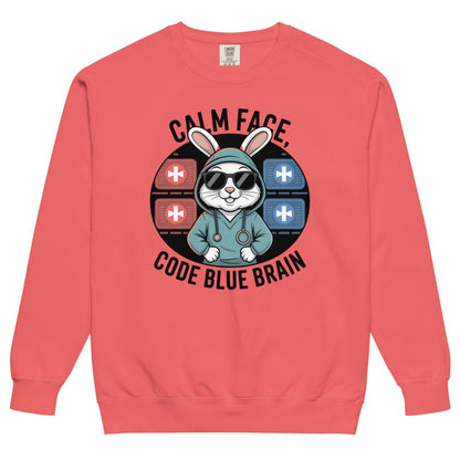 Coral sweatshirt with a graphic of a rabbit in a medical outfit and text on a white background