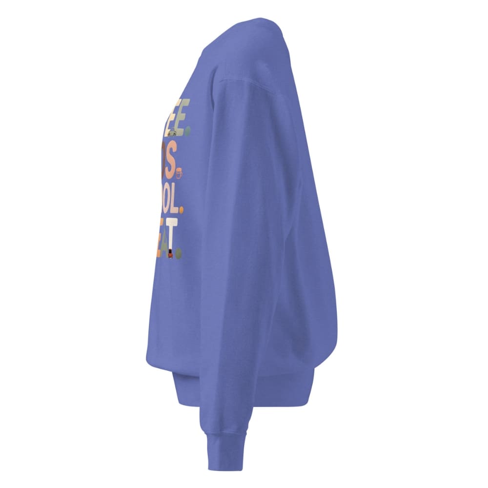 Blue sweatshirt with colorful text on the back against a white background
