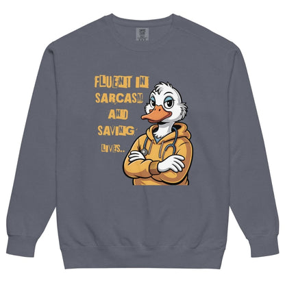 Gray sweatshirt with cartoon duck character and text on a white background