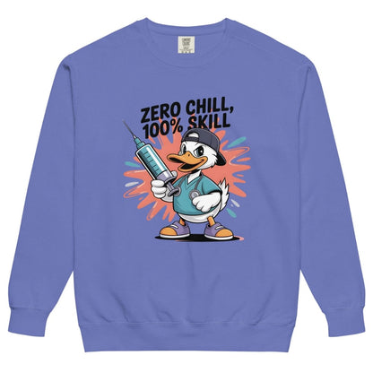 Blue sweatshirt with a cartoon duck holding a syringe and text 'Zero Chill, 100% Skill' on a white background