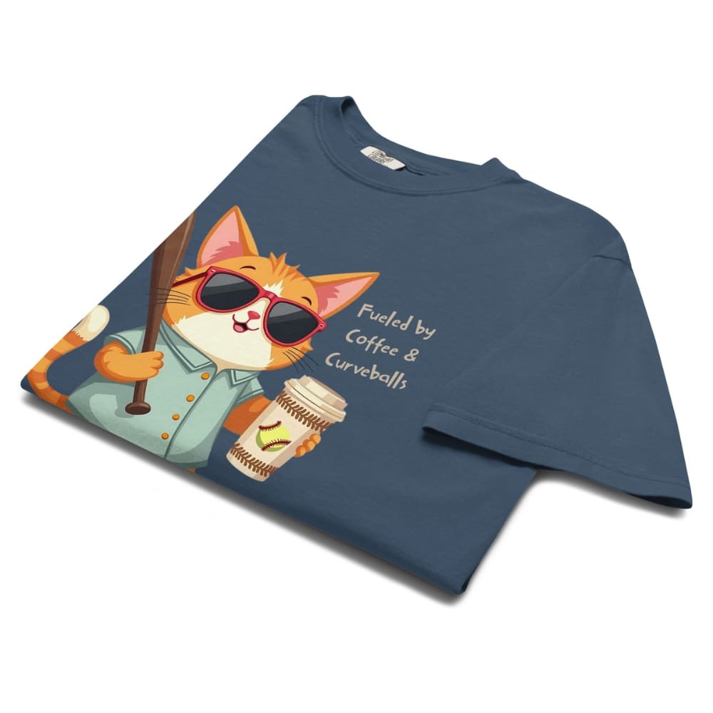 Cool cat with sunglasses holding a softball bat and coffee cup, beside text “Fueled by Coffee & Curveballs” – printed on soft heavyweight t-shirt for sporty moms