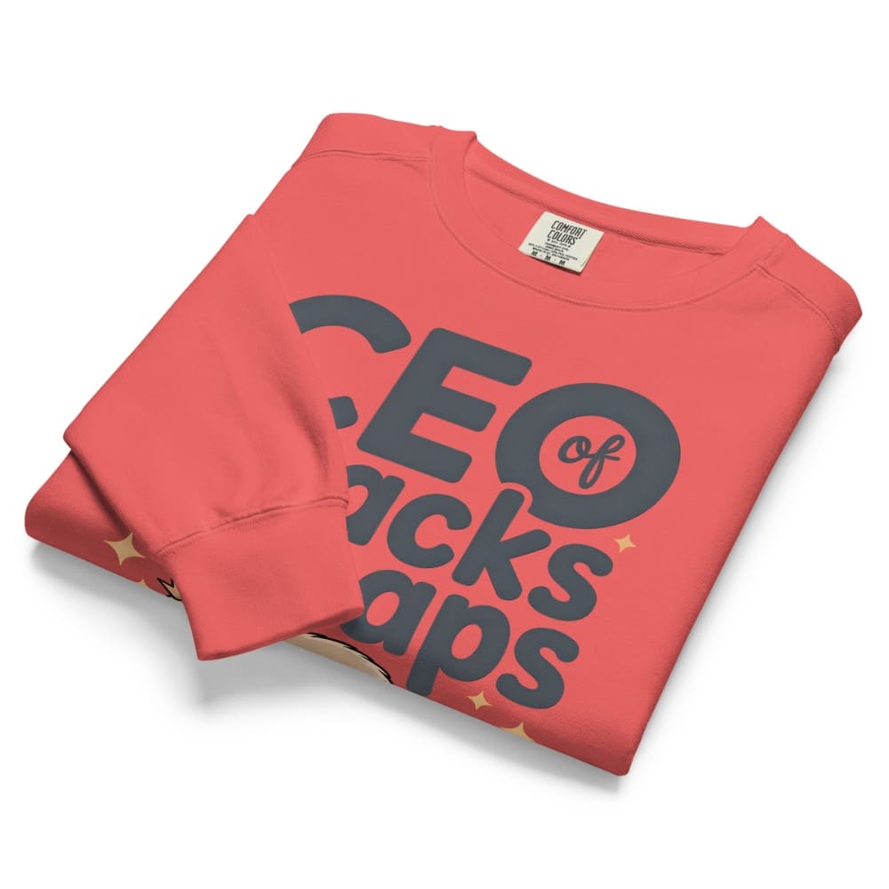 "CEO of Snacks & Naps" printed sweatshirt featuring a sloth in a crown surrounded by pretzels and plushies on vintage-washed cotton fleece
