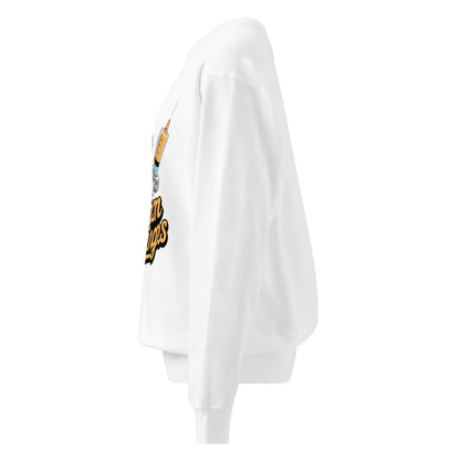 White sweatshirt with a graphic design on the sleeve against a white background