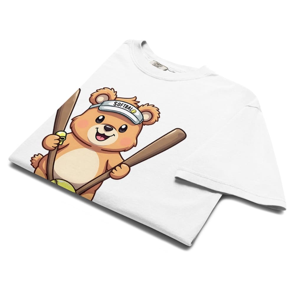 Cartoon bear holding softball bats and ball wearing a visor labeled “Softball” – printed on garment-dyed heavyweight t-shirt for sporty moms