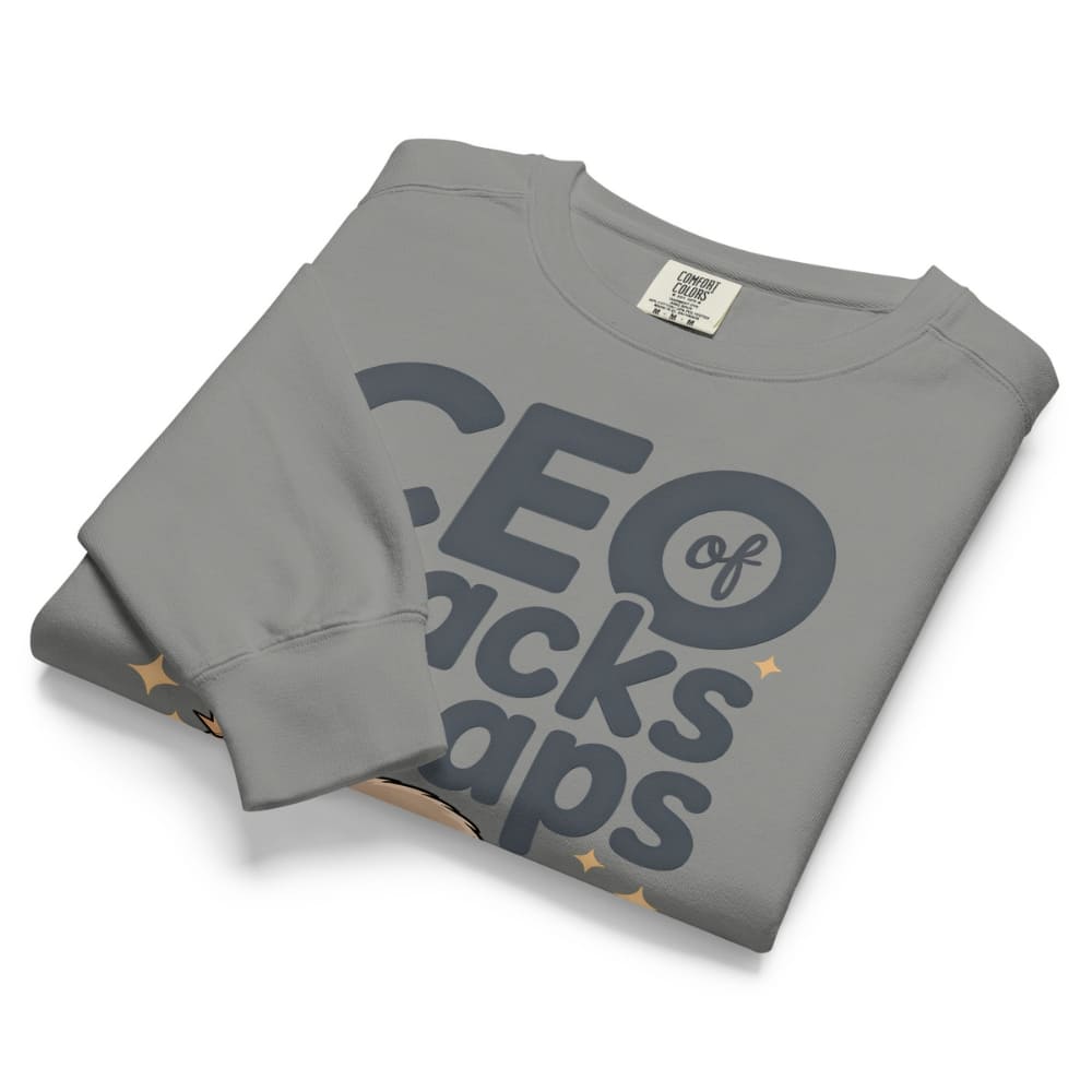 "CEO of Snacks & Naps" printed sweatshirt featuring a sloth in a crown surrounded by pretzels and plushies on vintage-washed cotton fleece