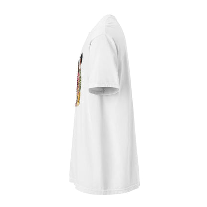 White t-shirt with a colorful graphic on the sleeve against a white background