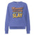 “Mommin' Ain’t Easy But I Slay” retro-style DTG printed design in peach, blue, and yellow on vintage garment-dyed fleece sweatshirt