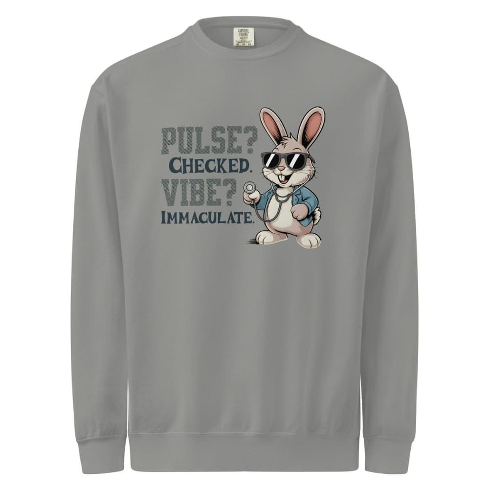 Gray sweatshirt with a cartoon rabbit and text on a white background