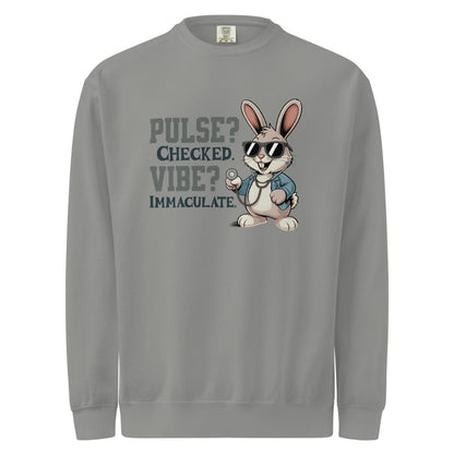 Gray sweatshirt with a cartoon rabbit and text on a white background
