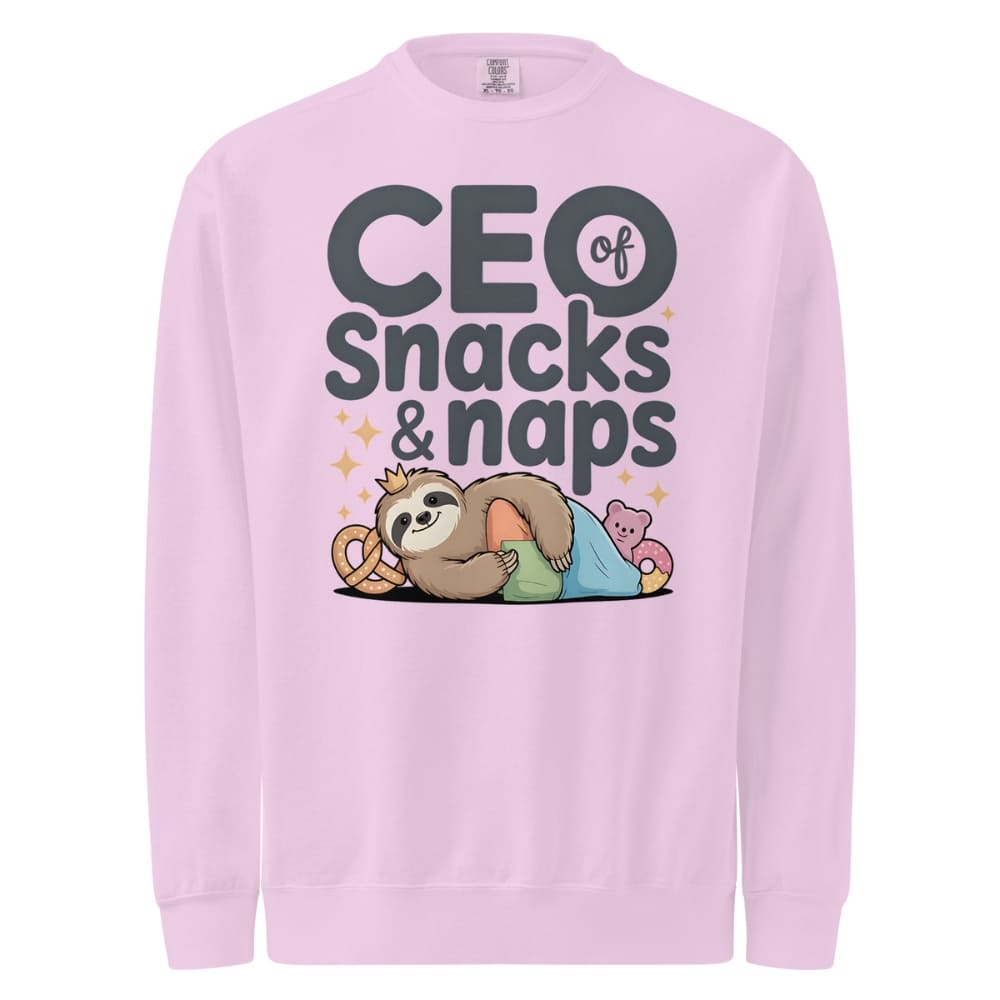 "CEO of Snacks & Naps" printed sweatshirt featuring a sloth in a crown surrounded by pretzels and plushies on vintage-washed cotton fleece
