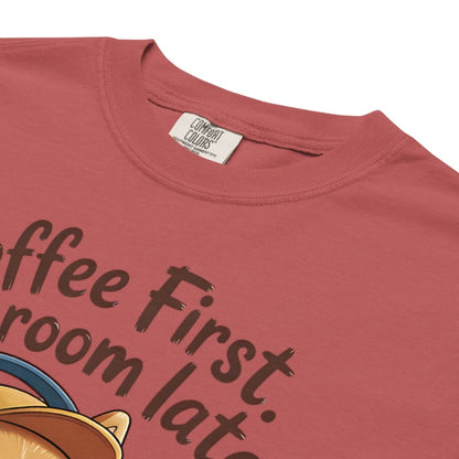 Red t-shirt with text 'Coffee First, Room Later' and a cat graphic on a white background.