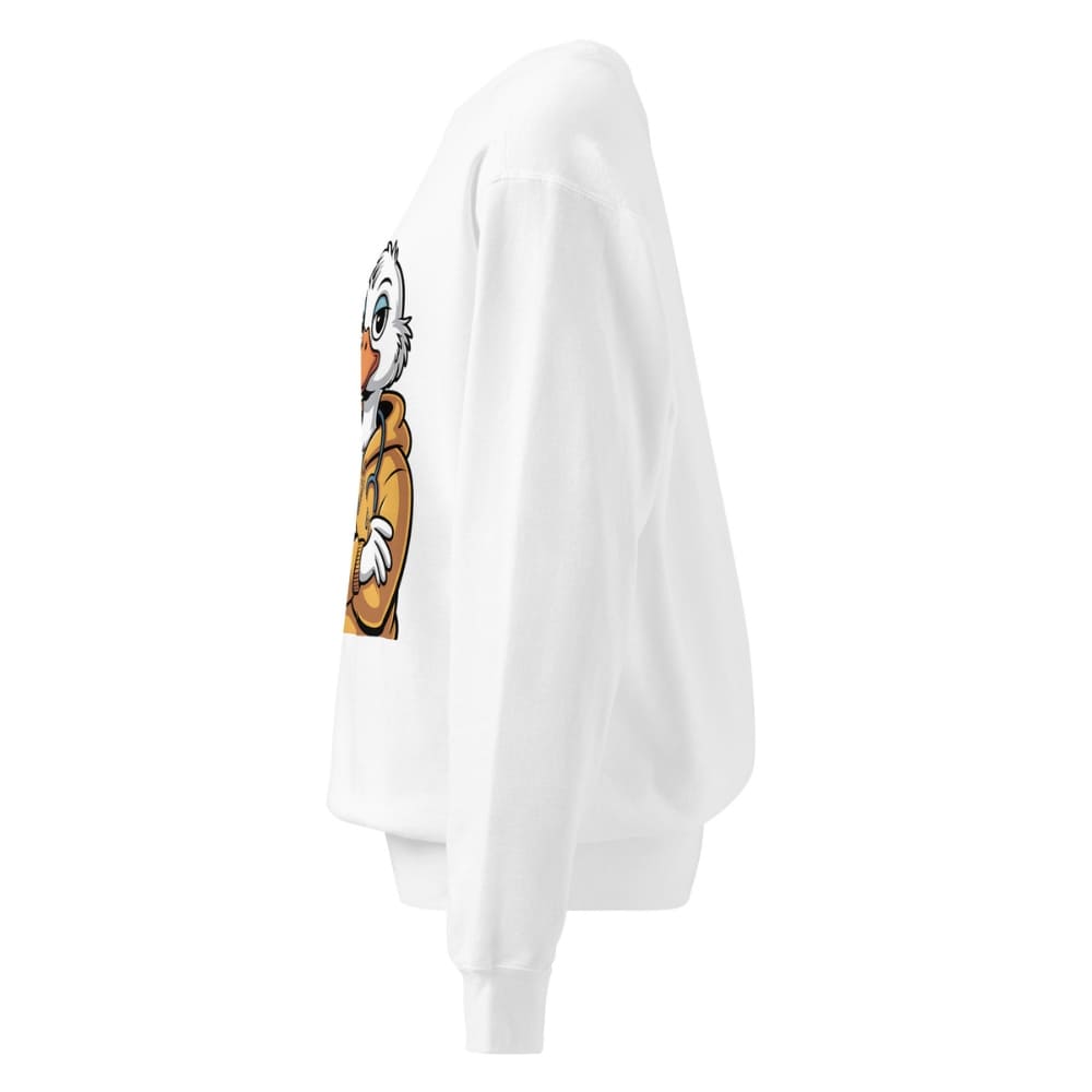 White sweatshirt with cartoon character on a white background