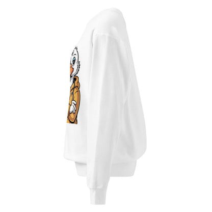 White sweatshirt with cartoon character on a white background