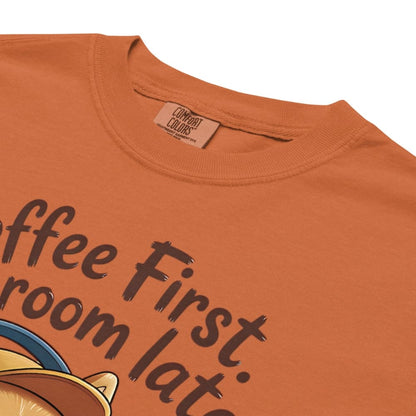 Orange t-shirt with 'Coffee First, Room Later' text and a coffee cup graphic.
