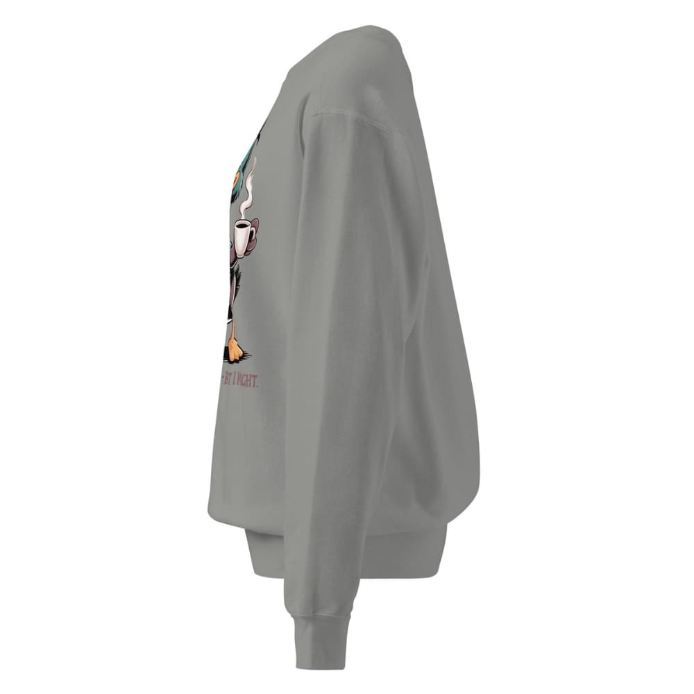 Gray sweatshirt with a graphic design on the back against a white background