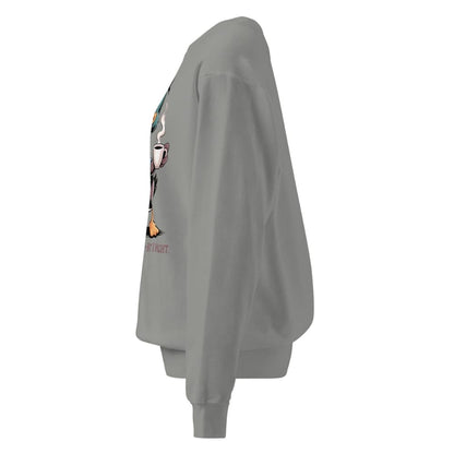 Gray sweatshirt with a graphic design on the back against a white background