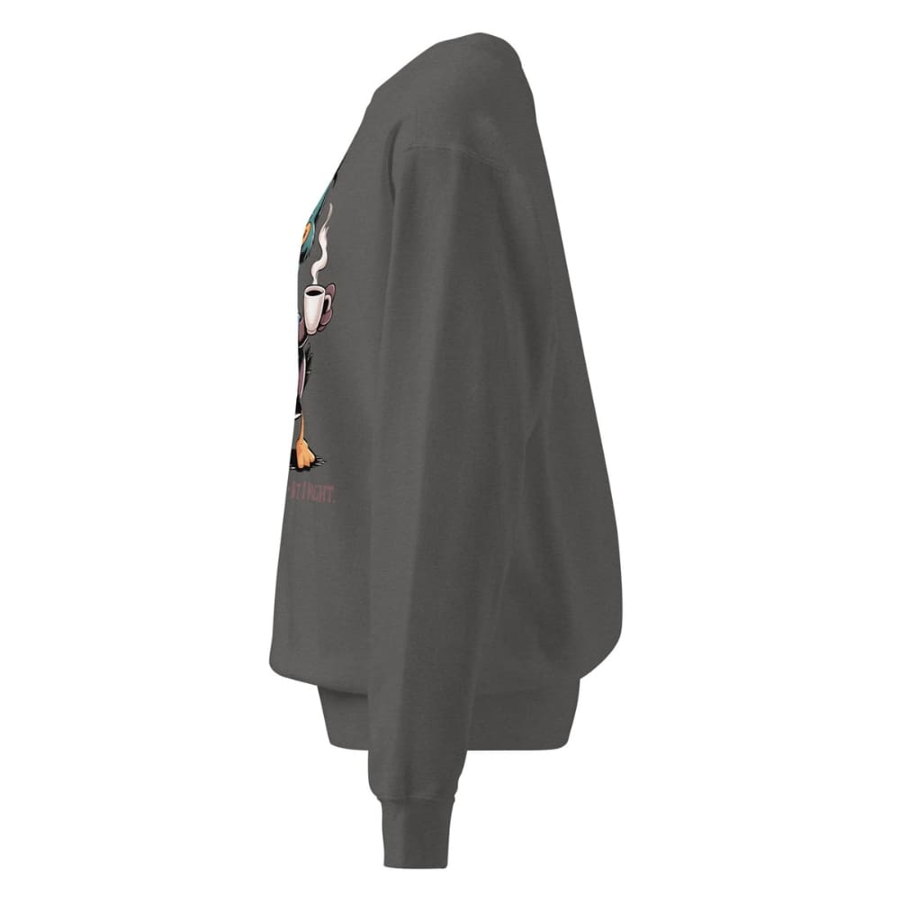 Dark gray sweatshirt with a graphic design on the sleeve against a white background