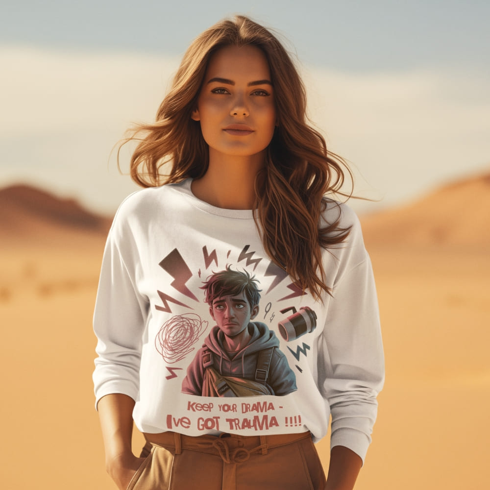Woman wearing a white sweatshirt with a graphic design in a desert setting